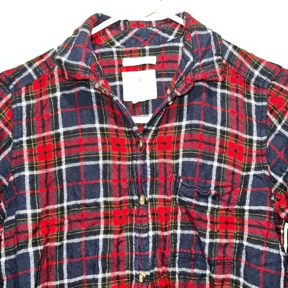 American Eagle Red Blue Plaid Long Sleeve Button Down Shirt - Picture 2 of 6